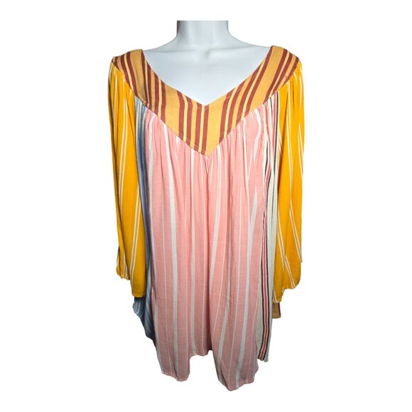 Sacred Threads Boho Peasant Striped 3/4 Sleeve V Neck Tunic Blouse Top L/XL - Picture 1 of 10